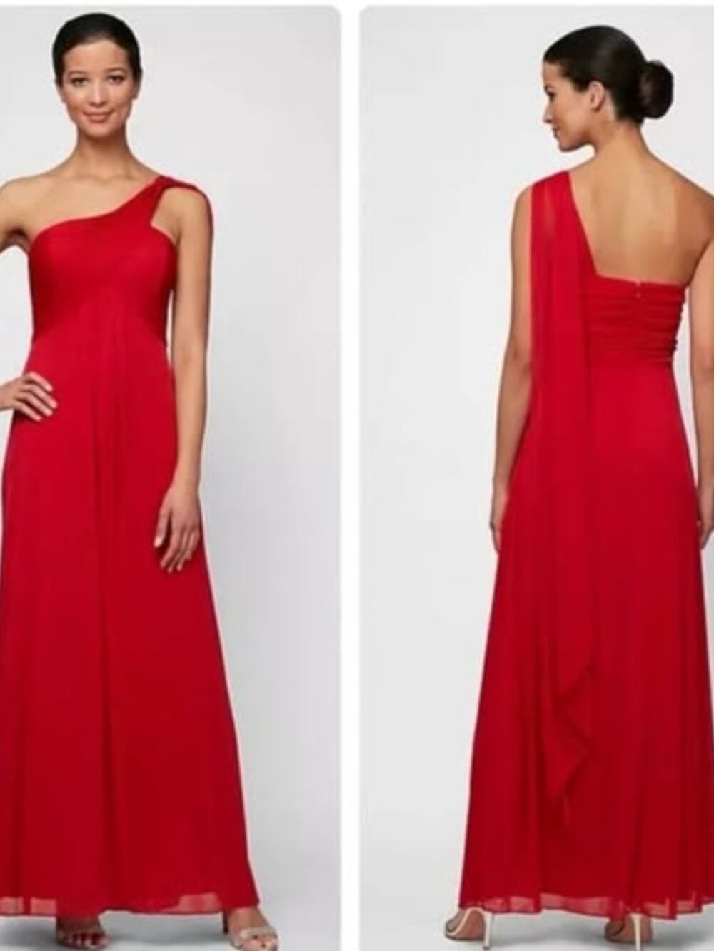Alex Evenings Red Chiffon One Shoulder Empire Waist Evening Gown Dress Size 6